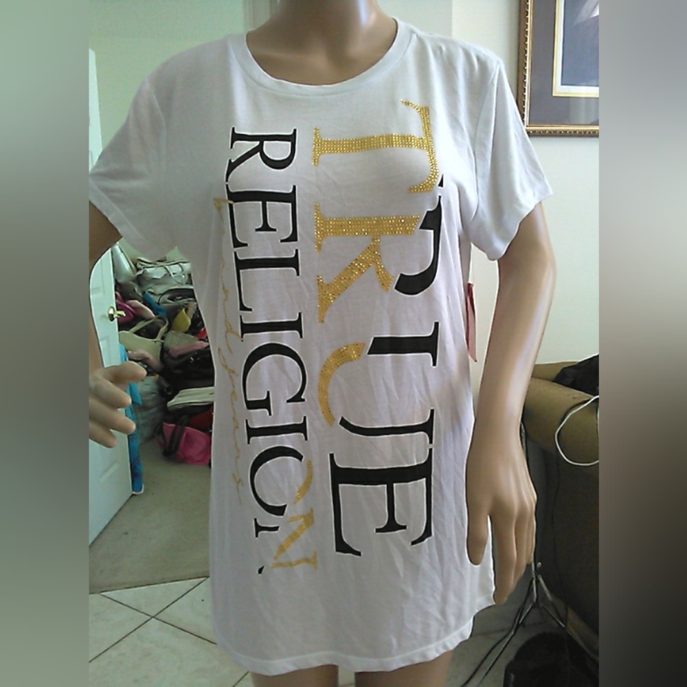 NET True Religion White Tee W/ Gold Rhinestones & Black Letters Sz XL CRAZY SOFT